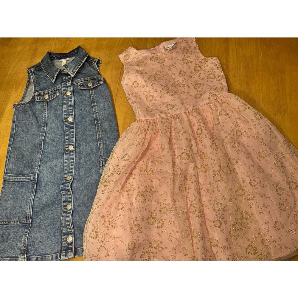 Girls XL Dress Bundle Set of 2 Pink Glitter Dress + Cat & Jack Denim Dress Size